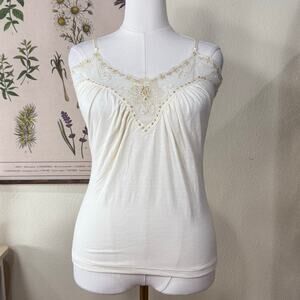 Vtg 90s Y2k Cream Beaded Sequin Mesh Cami Top Fairy Coquette Ethereal Forest XL